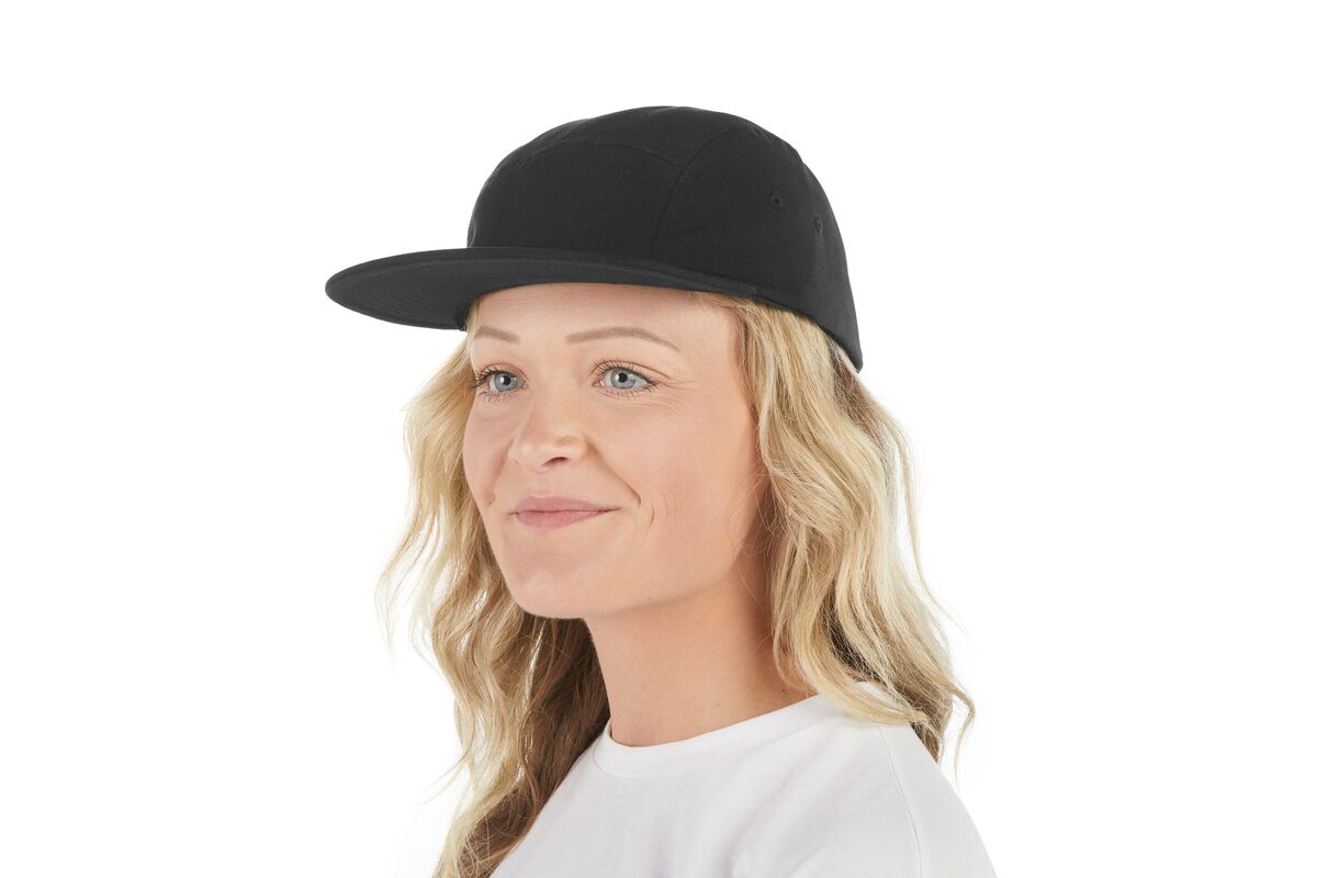 recycled-poly-flat-brim-5-panel-hat-v4 WebPDP-HAT003002_Recycled_Poly_Flat_Brim_5Panel_Hat_Black_Studio_Harper_Studios_0723_Front_2__HAT003002OS.jpg